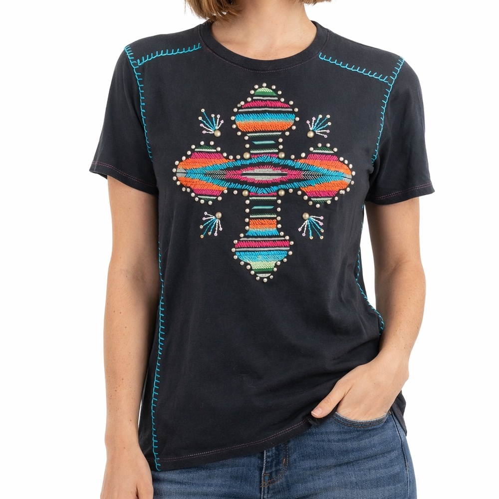Double D Ranch Western Boho Embroidered Cross Tee Southwestern Cross